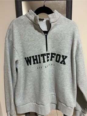 White Fox Boutique Light Heather Gray Zip Pullover with Black Logo